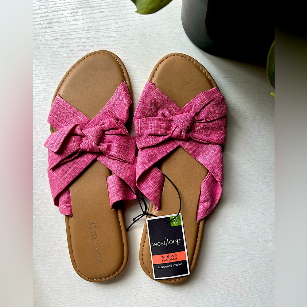 NWT West Loop pink fabric bow Women's Slippers size M 7-8 chic cottagecore